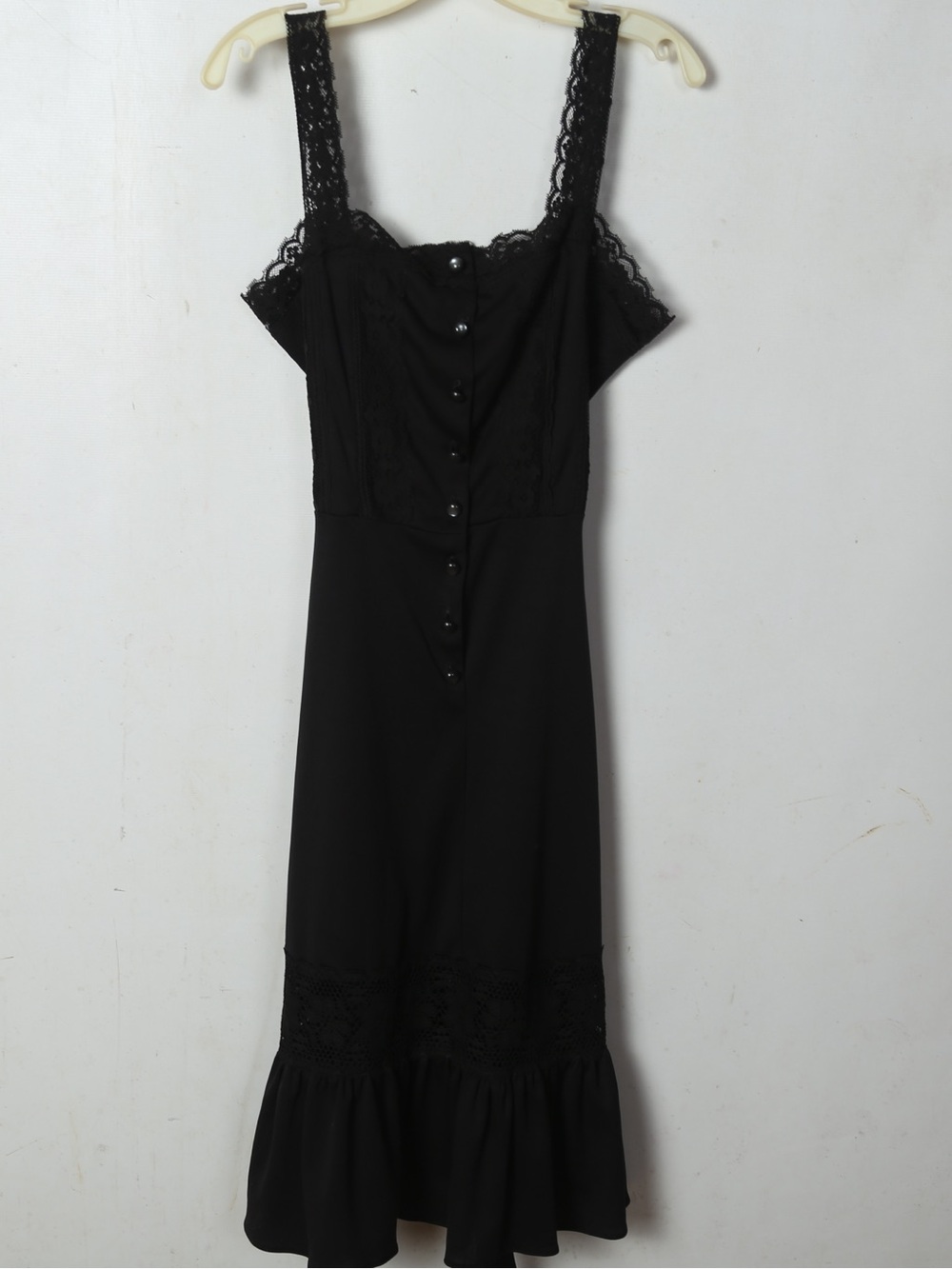 Black Lace-Trim Midi Dress with Button Front